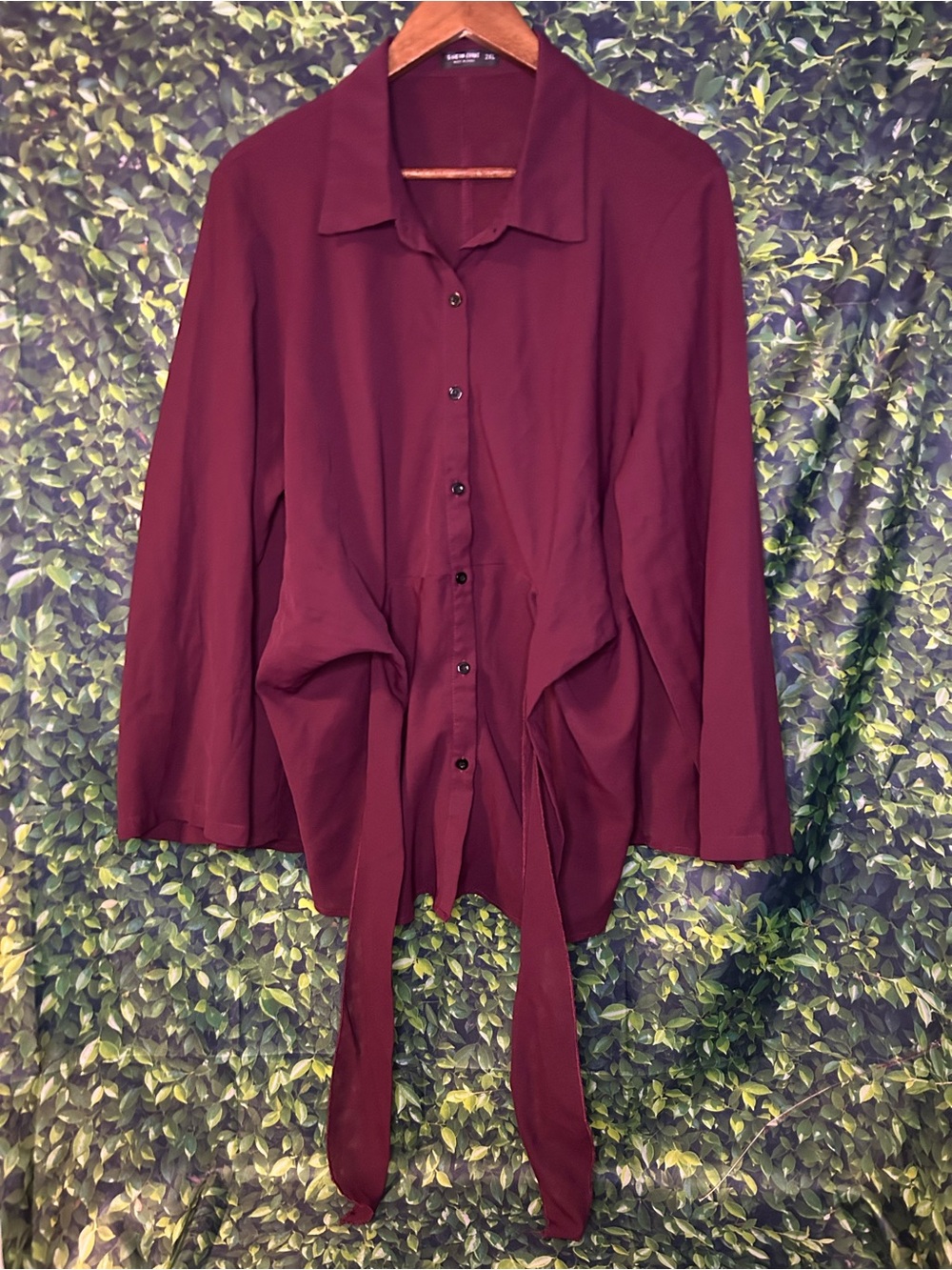 SHEIN Burgundy Tie-Front Button Down Shirt - Picture 3 of 4
